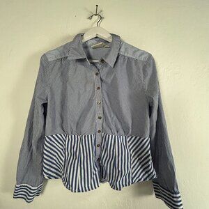 Anthropologie Maeve Womens Size 14 Striped Button-Up Shirt  Blue White Casual